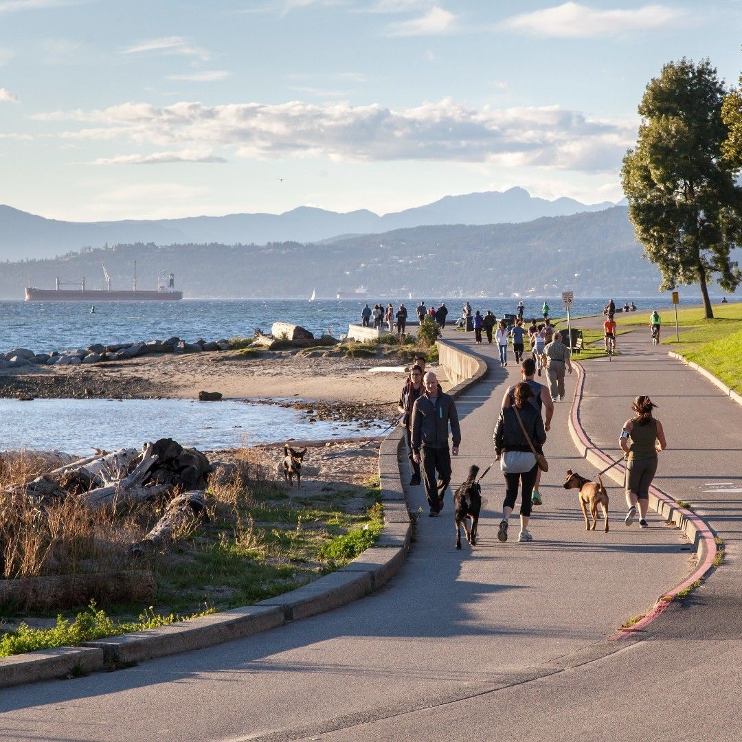 People running and walking their dog on a footpath along the water