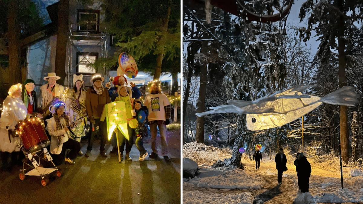 Des personnes contemplant des lanternes la nuit dans une foret