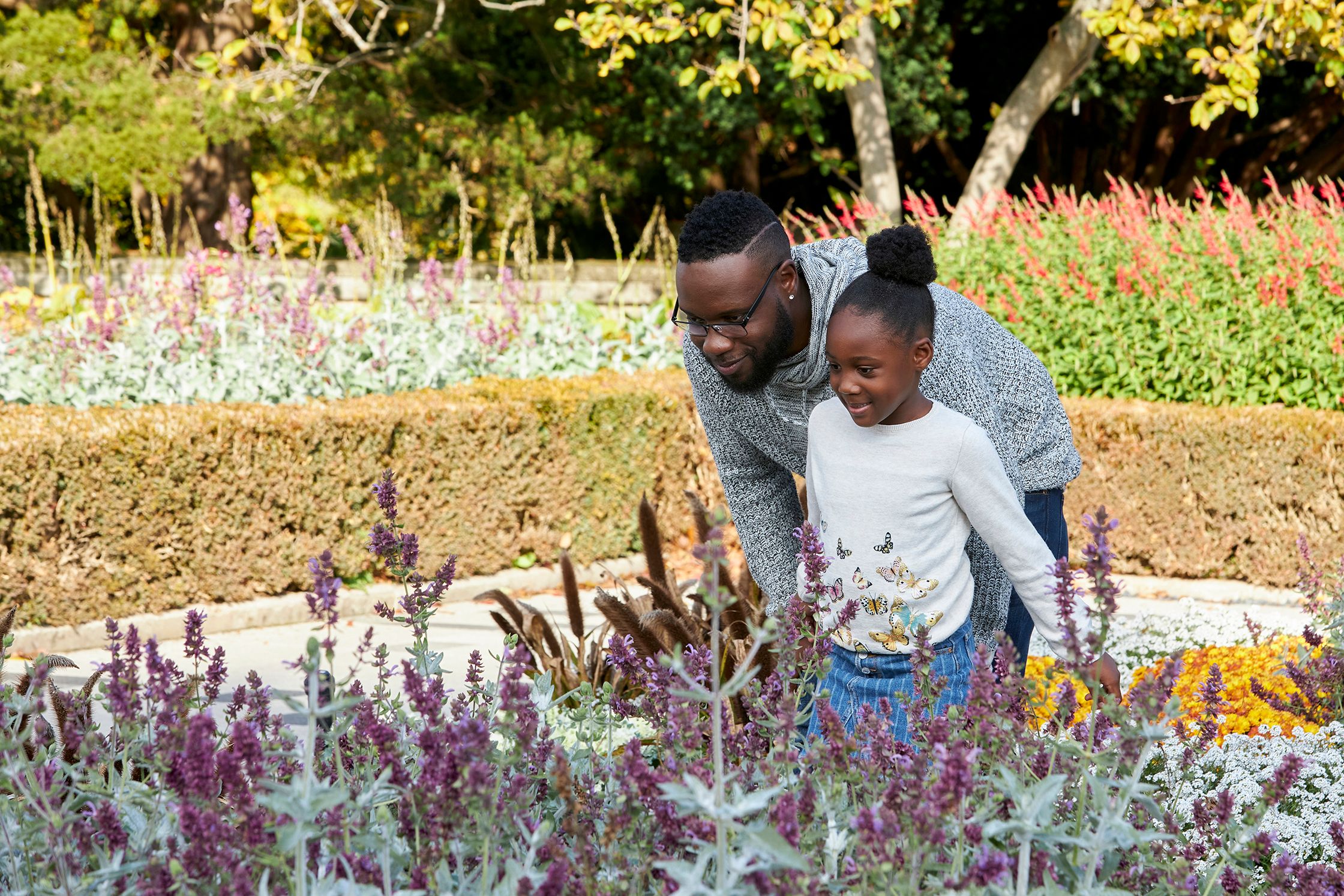 Adult and child looking at flowers in a garden