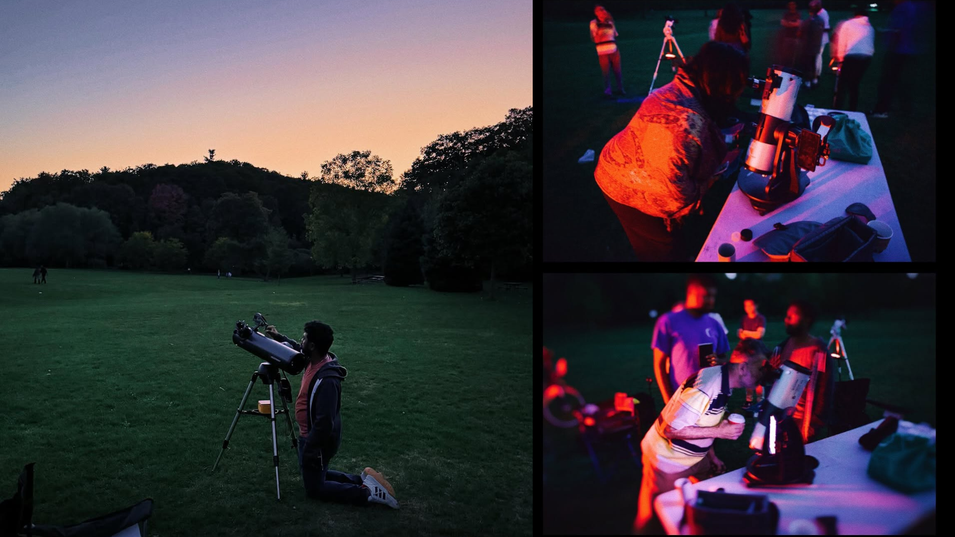 People looking into a telescope at night in a park