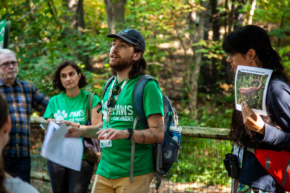Guides talking to people in a forest