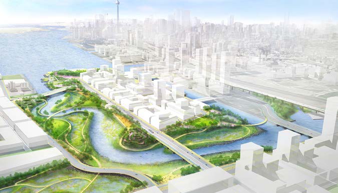 Dessin numérique d'une ville avec des bâtiments, des espaces verts et des plans d'eau