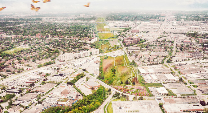 Corridor of greenspace in a big city