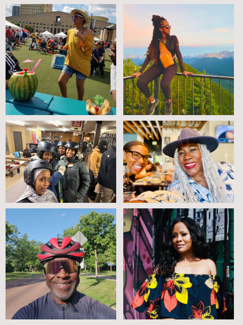 Several photos of black people having fun in nature